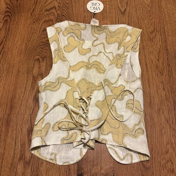 VRG GRL white yellow sleeveless linen top blouse size 6 front buttons back tie - Picture 4 of 8